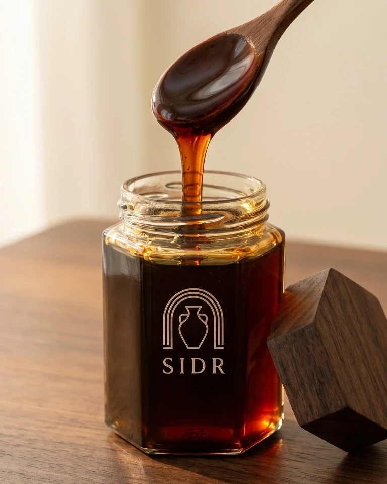 Holzlöffel zieht ein Band dunklen Sidr-Honigs über dem offenen Glas