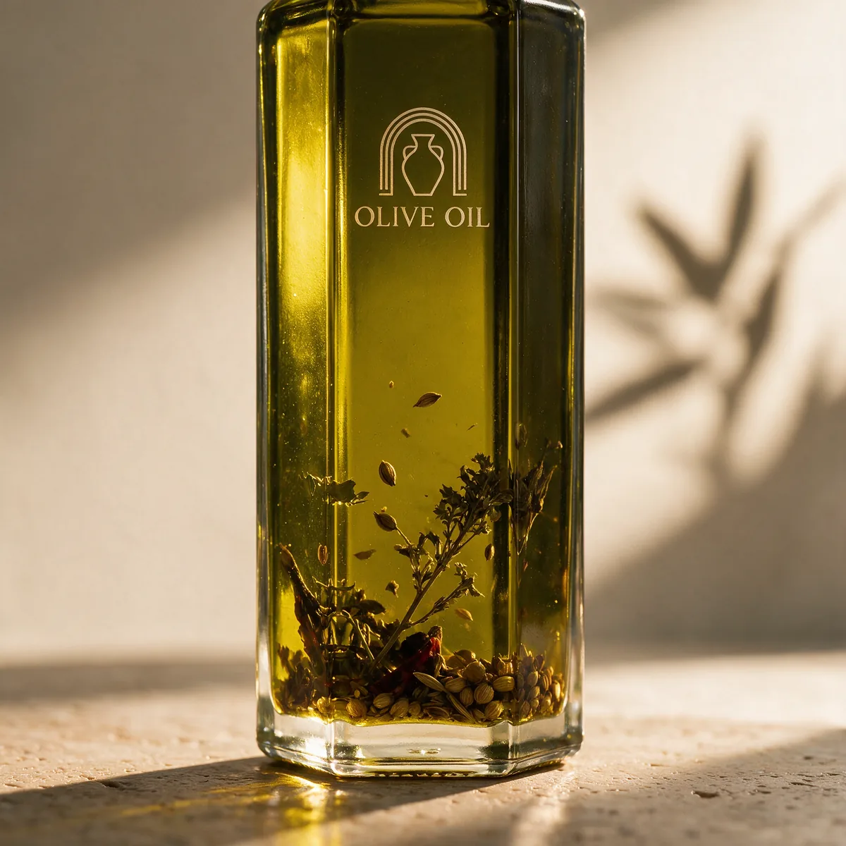 Gegenlicht auf der Würzöl-Flasche mit schwebenden Kräutern und Gewürzen