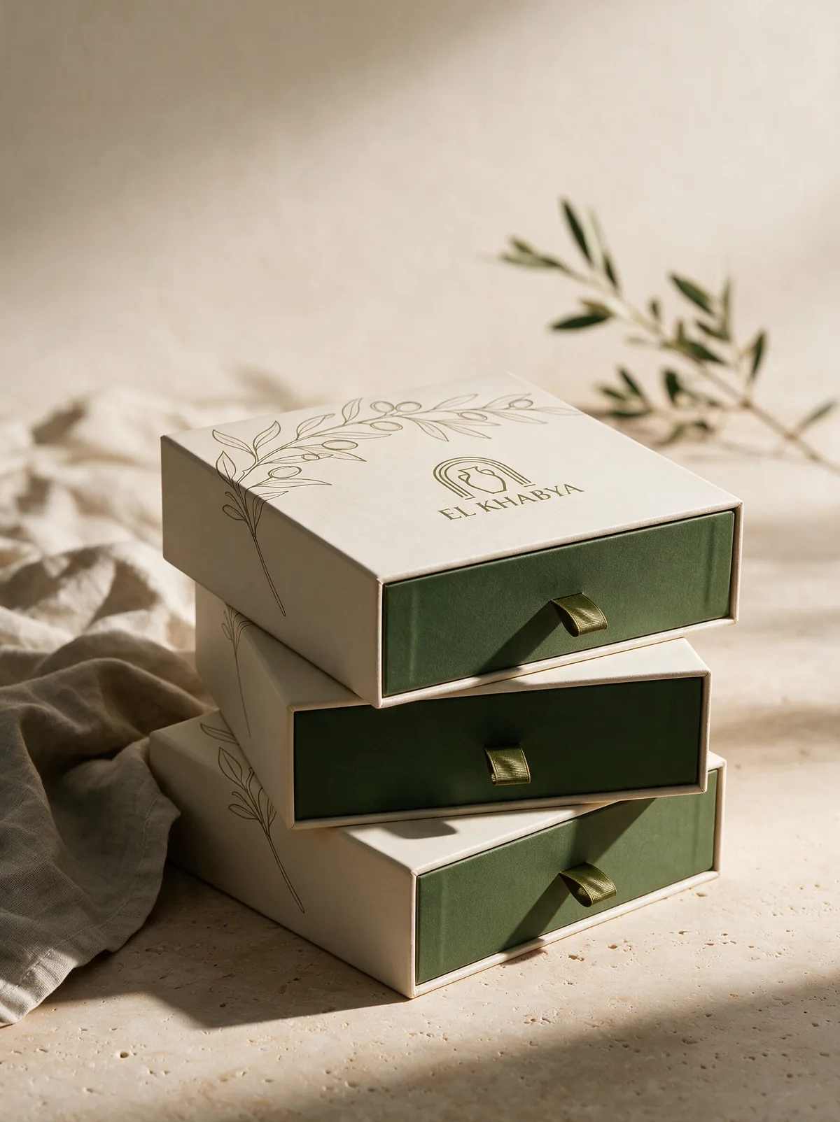 Drei gestapelte El-Khabya-Geschenkboxen auf Travertin mit Olivenzweig