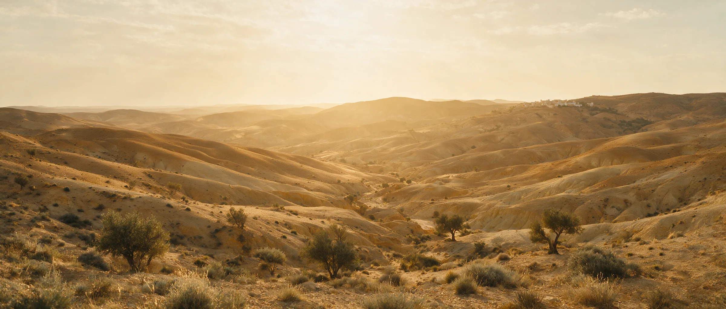 Goldenes Licht über den südtunesischen Hügeln Richtung Sahara