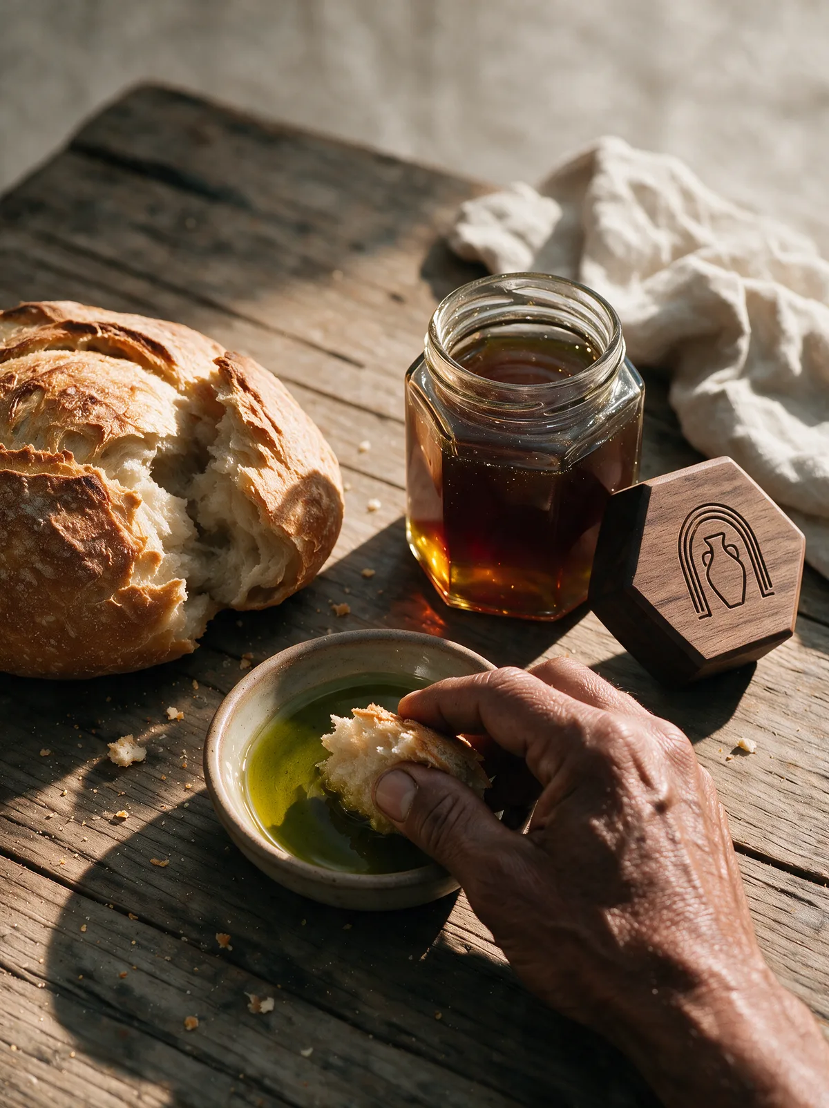Ein gedeckter tunesischer Tisch: gebrochenes Brot, eine Schale Olivenöl, ein Glas Honig und zugreifende Hände